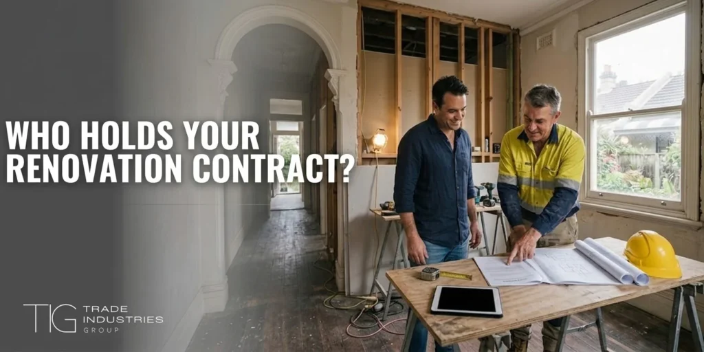 Home Extension Approval Sydney: DA, CDC or Exempt, and What Each One Means 6 Design and build renovations Sydney: two men reviewing building plans at a table in a home with exposed wall framing