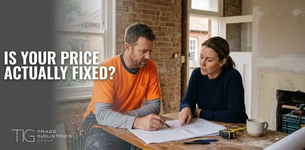 Fixed Price Renovation Contract Sydney: What to Check Before You Sign 7 Sydney homeowner and licensed tradesperson reviewing a renovation contract together on site
