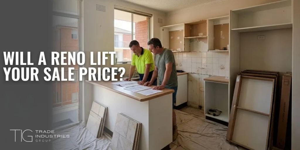Licensed tradesperson and homeowner reviewing Sydney apartment renovation plans to lift the sale price